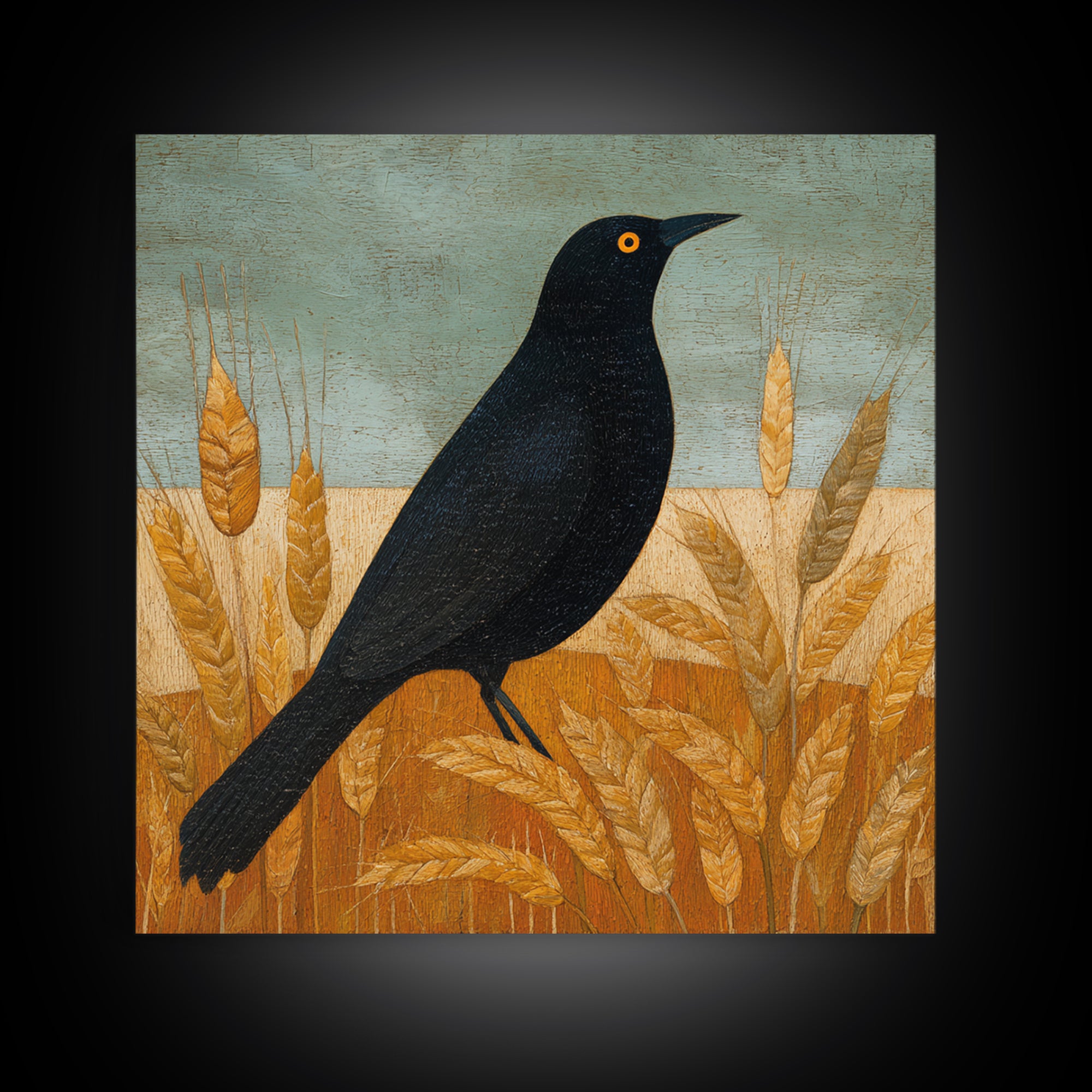 Blackbird on Gold Wheat Field Framed Canvas Print, Bird Art, Printable Wall Art, Living Room Decor, Fine Art, Flight, BIR-1x1-96