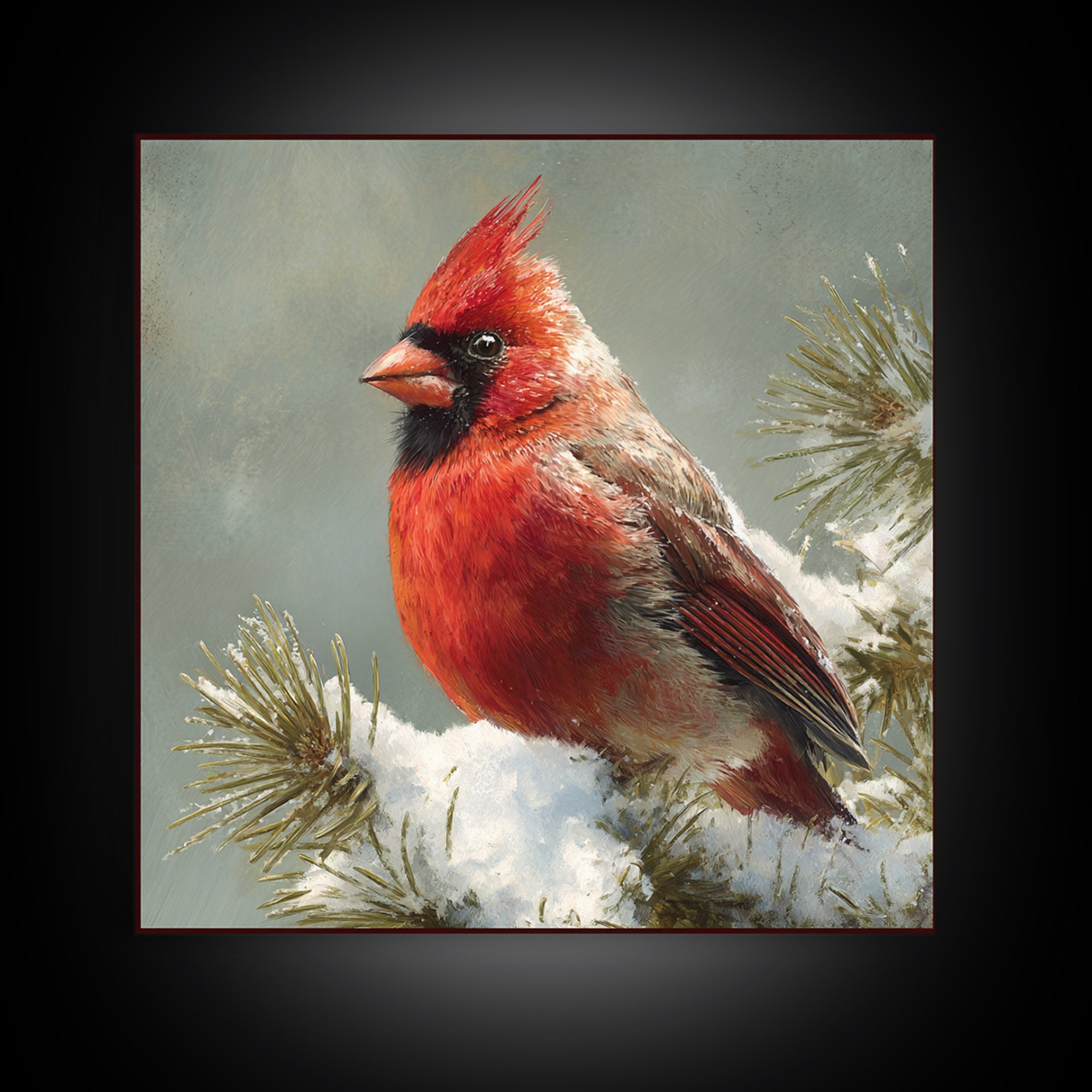 Red Cardinal on Snowy Pine Branch Canvas Print, Bird Art, Wall Art, Living Room Decor, Fine Art, Flight, Japanese Wall Art, BIR-1x1-97