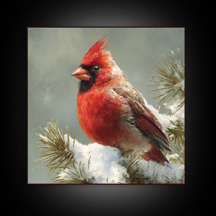 Red Cardinal on Snowy Pine Branch Canvas Print, Bird Art, Wall Art, Living Room Decor, Fine Art, Flight, Japanese Wall Art, BIR-1x1-97
