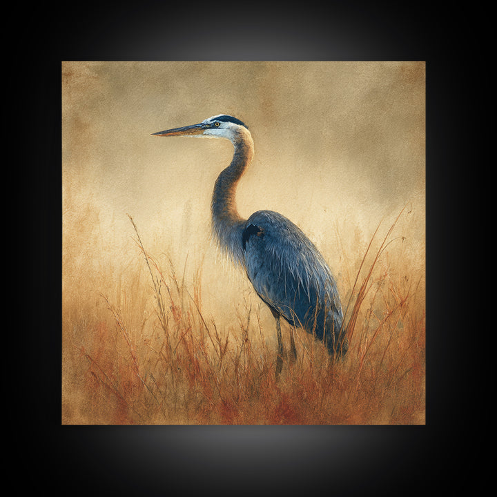Blue Heron in Misty Marsh Grass Canvas Print, Bird Art, Boho Decor, Living Room Decor, Fine Art, Flight, Printable Wall Art, BIR-1x1-98