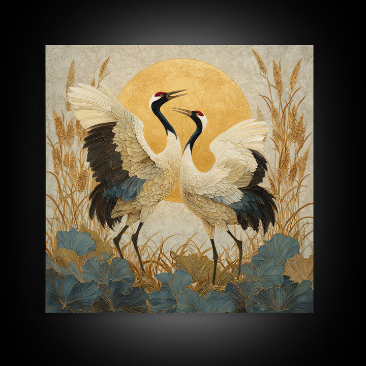 Pair of Cranes Dancing Canvas Print, Bird Art, Wall Art, Living Room Decor, Flight, Japanese Wall Art, Modern Wall Art, BIR-1x1-99