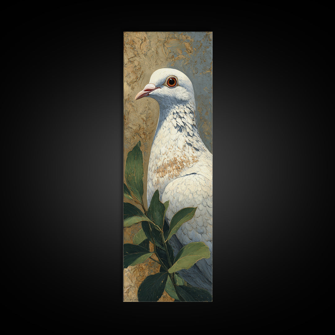 White Dove with Olive Branch and Calm Canvas Print, Bird Art, Gallery Wall, Living Room Decor, Oil Painting, Flight, BIR-1x3-100