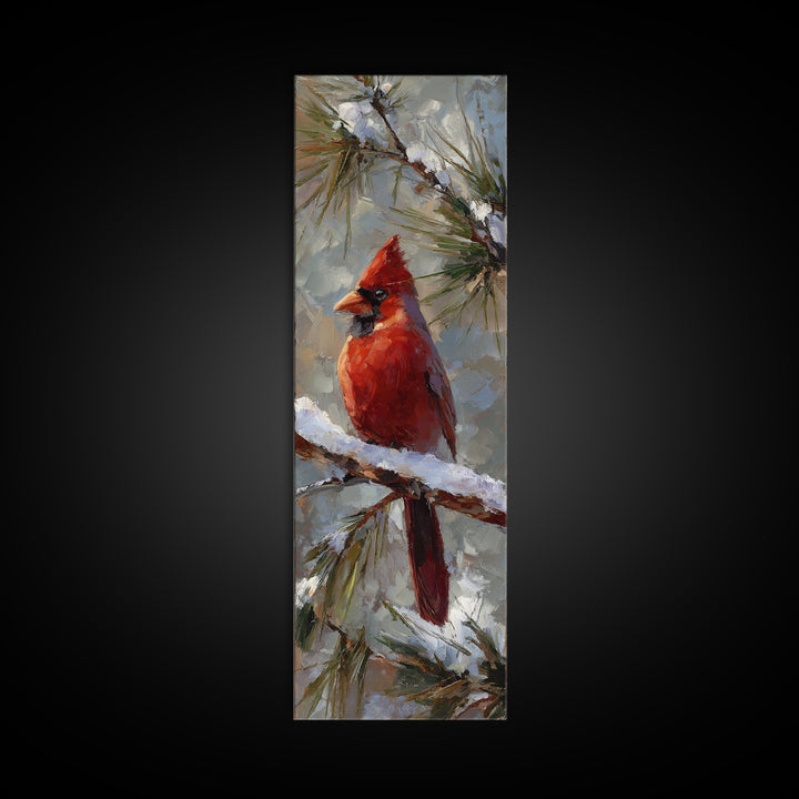Red Cardinal on Snowy Pine Branch Canvas Print, Bird Art, Statement Artwork, Living Room Decor, Oil Painting, Flight, BIR-1x3-13