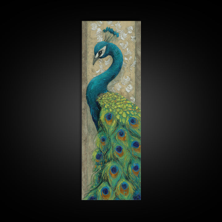 Peacock with Jewel Tone Feather Pattern Framed Canvas Print, Bird Art, Wall Decor, Living Room Decor, Fine Art, Flight, BIR-1x3-19