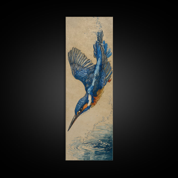 Kingfisher Diving Toward Blue Water Canvas Print, Bird Art, Digital Prints, Living Room Decor, Fine Art, Flight, Modern Art, BIR-1x3-23