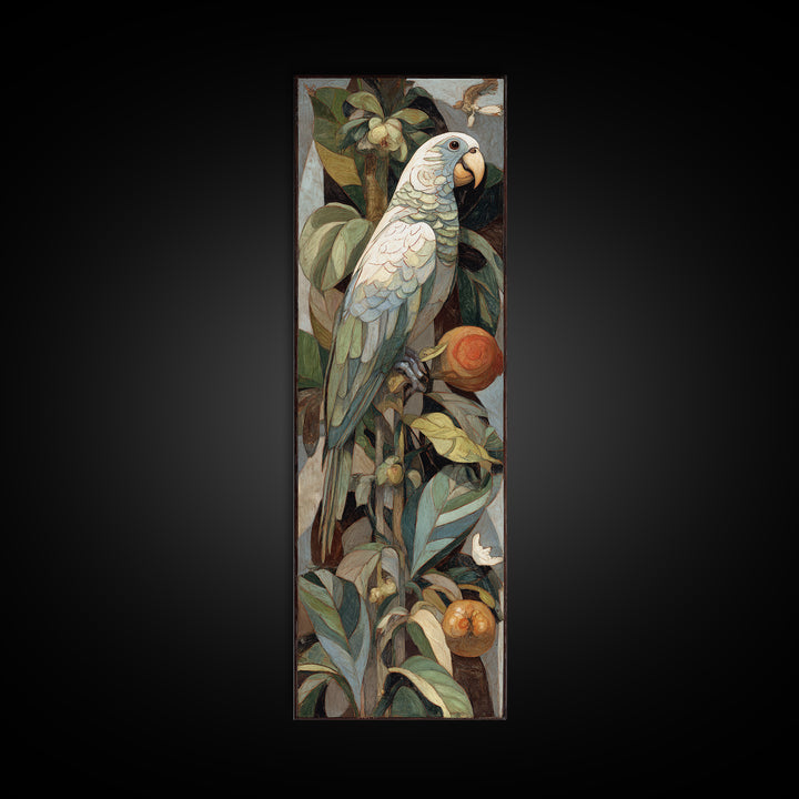 Parrot Among Tropical Leaves and Fruit Canvas Print, Bird Art, Digital Prints, Living Room Decor, Fine Art, Flight, Modern Art, BIR-1x3-25