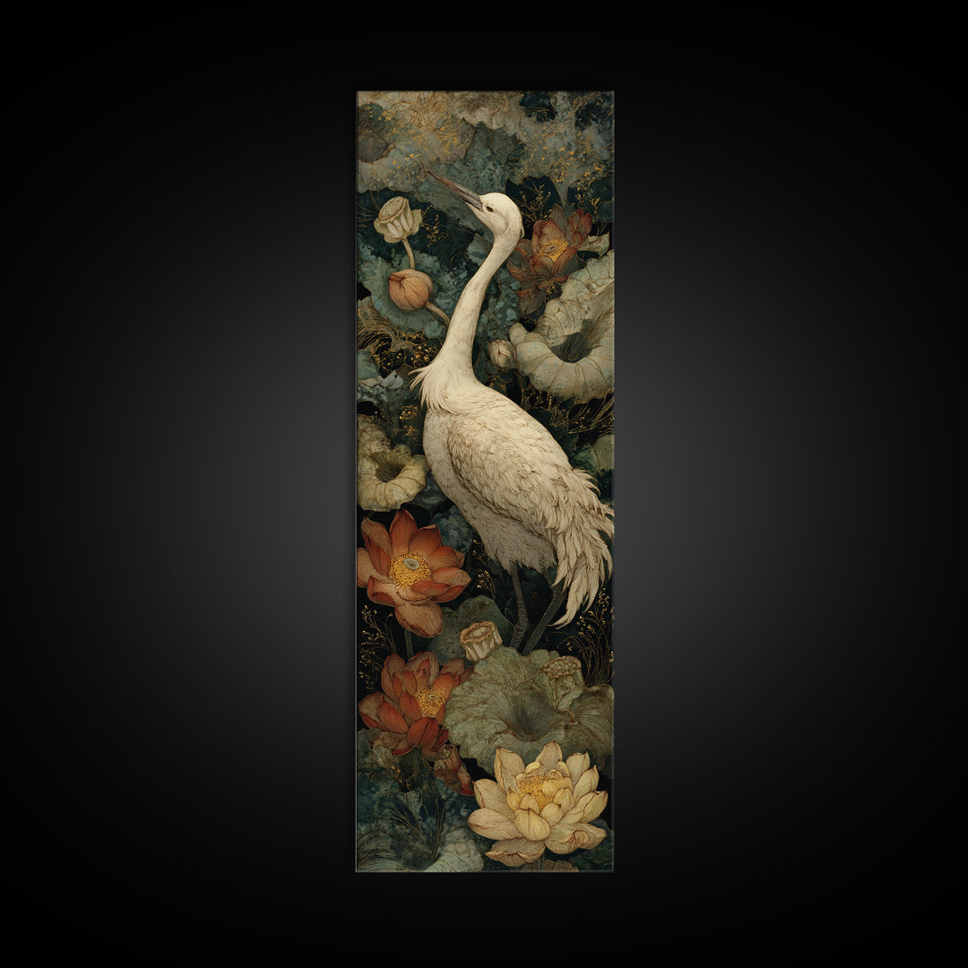 Crane and Lotus Composition Framed Canvas Print, Bird Art, Modern Decor, Living Room Decor, Fine Art, Flight, Home Decor, BIR-1x3-29