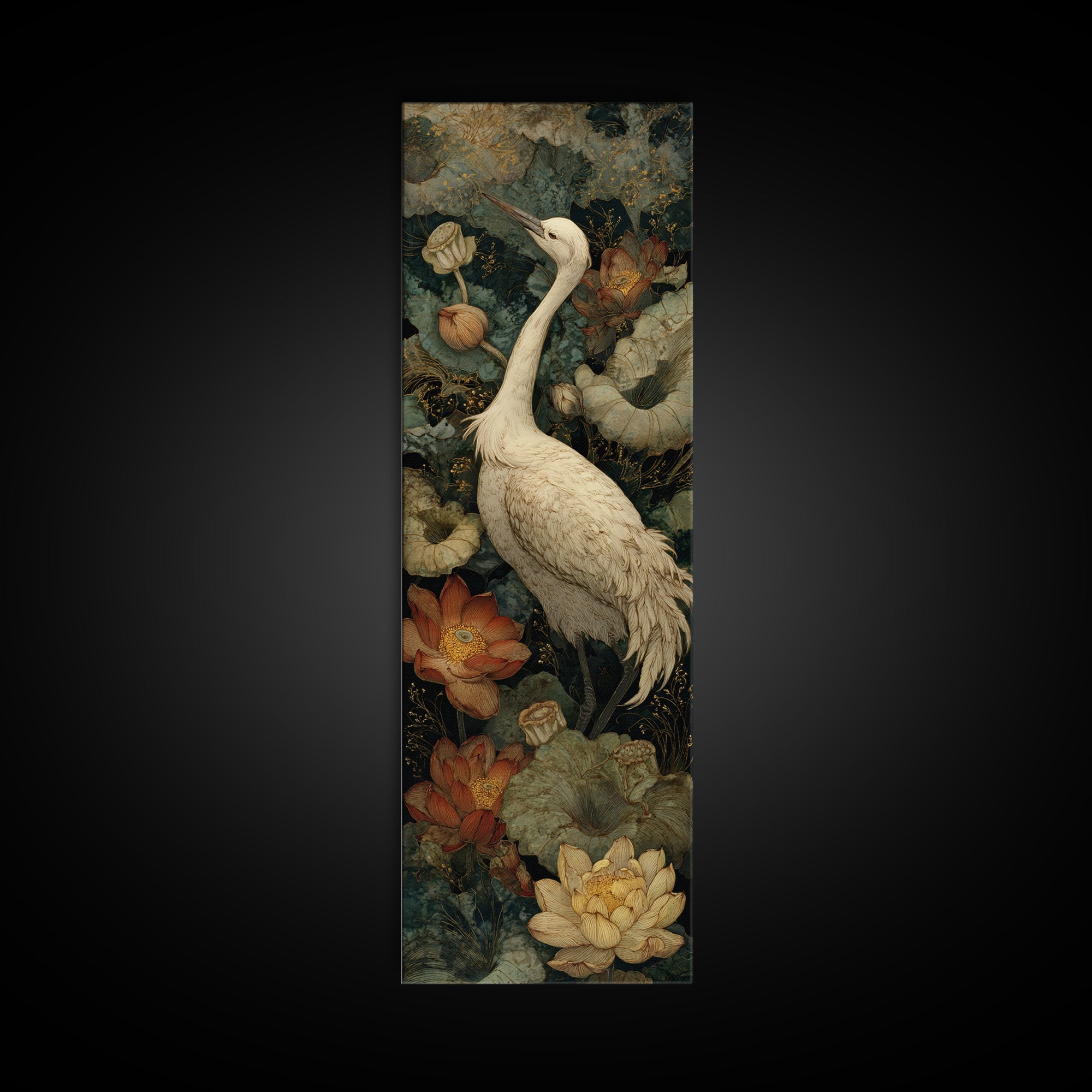 Crane and Lotus Composition Framed Canvas Print, Bird Art, Modern Decor, Living Room Decor, Fine Art, Flight, Home Decor, BIR-1x3-29