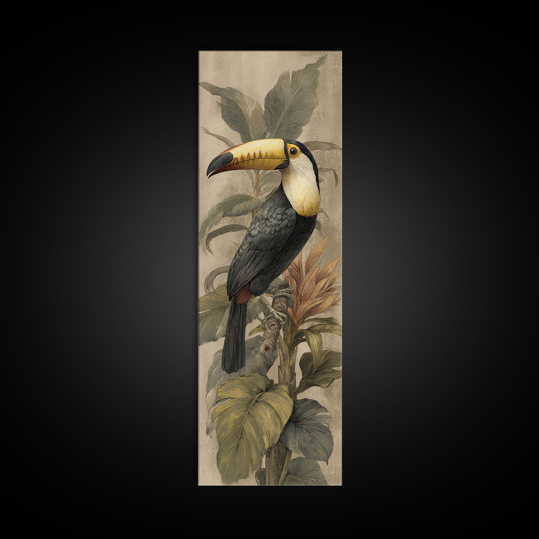 Toucan Framed by Bold Jungle Foliage Canvas Print, Bird Art, Wall Art, Living Room Decor, Fine Art, Flight, Japanese Wall Art, BIR-1x3-35
