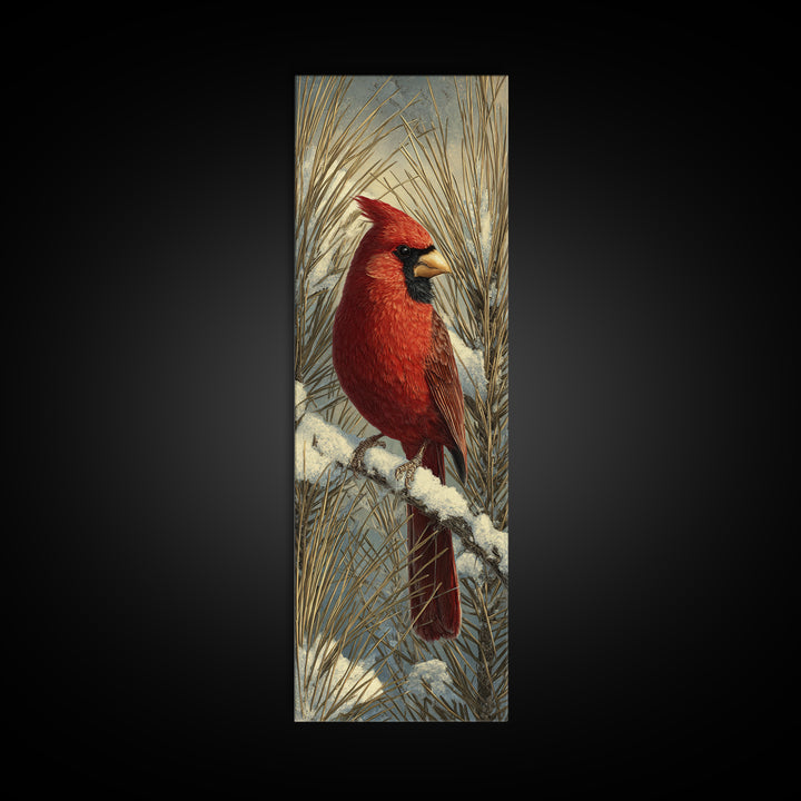 Red Cardinal on Snowy Pine Branch Canvas Print, Bird Art, Statement Artwork, Living Room Decor, Oil Painting, Flight, BIR-1x3-37