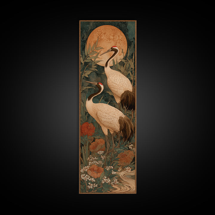 Pair of Cranes Dancing Canvas Print, Bird Art, Original Art, Living Room Decor, Fine Art, Flight, Mcm Decor, Bird Prints, BIR-1x3-39
