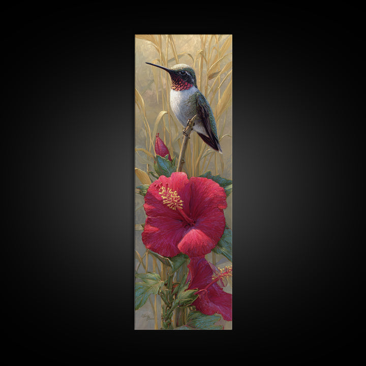 Hummingbird Hovering Beside Bright Hibiscus Canvas Print, Bird Art, Printable Wall Art, Living Room Decor, Fine Art, Flight, BIR-1x3-40