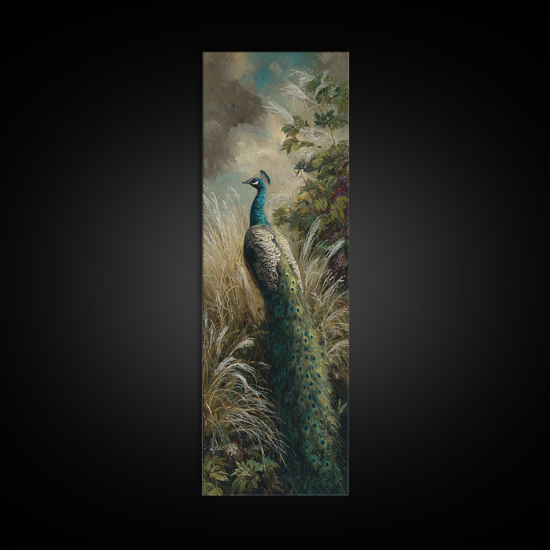 Peacock with Jewel Tone Feather Pattern Canvas Print, Bird Art, Digital Print, Living Room Decor, Fine Art, Flight, Bird Prints, BIR-1x3-43