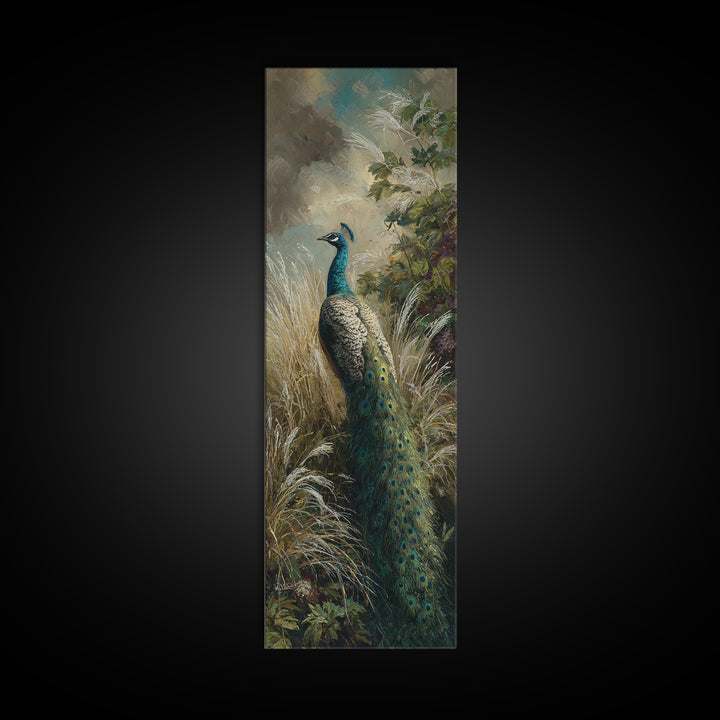 Peacock with Jewel Tone Feather Pattern Canvas Print, Bird Art, Digital Print, Living Room Decor, Fine Art, Flight, Bird Prints, BIR-1x3-43