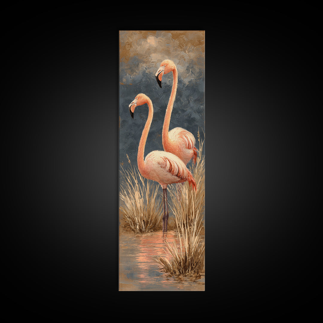 Flamingo Pair in Coral Water Reflections Framed Canvas Print, Bird Art, Rustic Home Decor, Living Room Decor, Fine Art, Flight, BIR-1x3-46