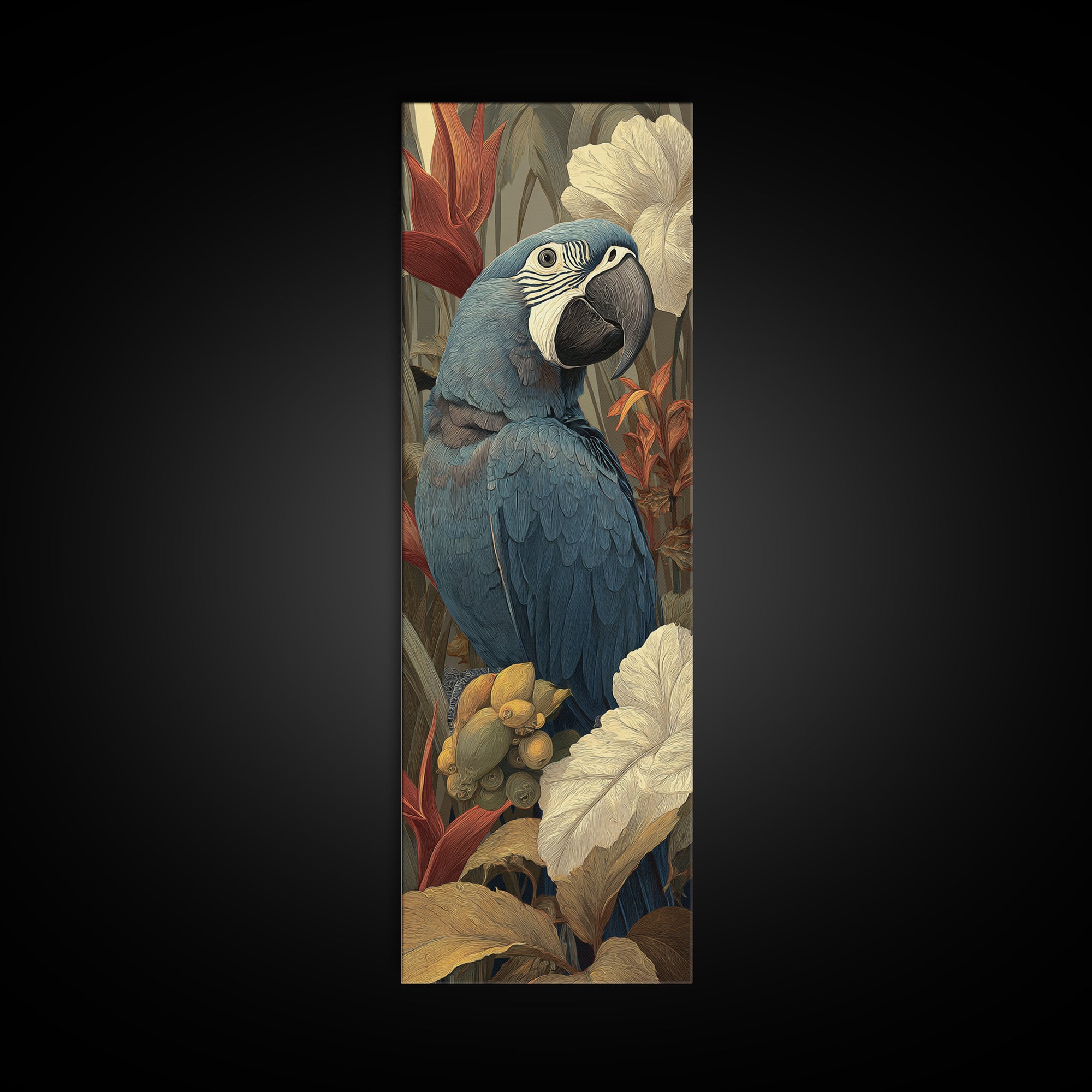 Parrot Among Tropical Leaves and Fruit Canvas Print, Bird Art, Bird Wall Art, Living Room Decor, Fine Art, Flight, Art Print, BIR-1x3-49