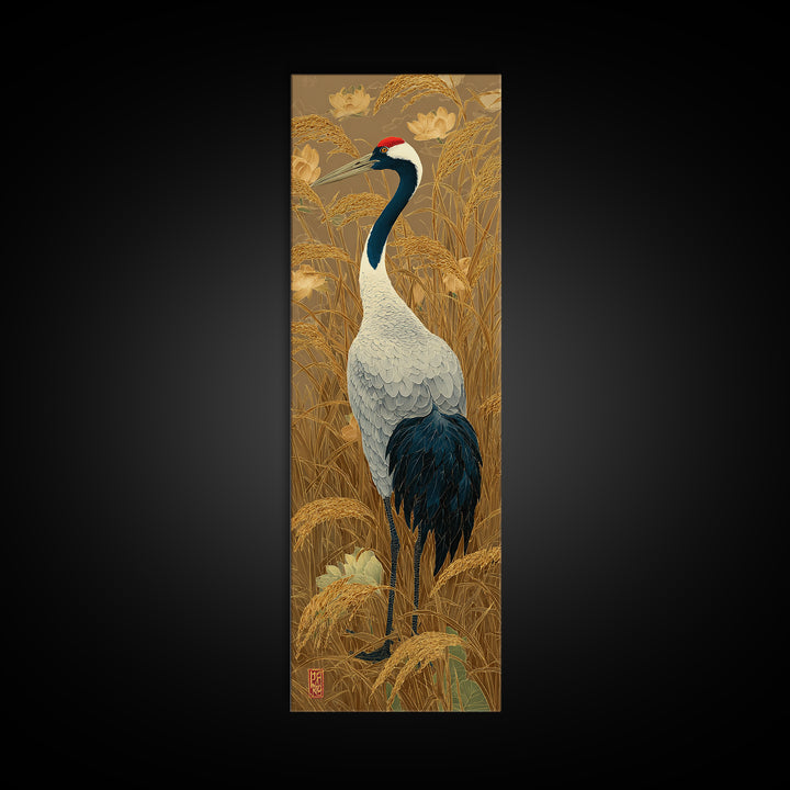 Crane and Lotus Composition Canvas Print, Bird Art, Nature Wall Art, Living Room Decor, Fine Art, Flight, Textured Painting, BIR-1x3-5