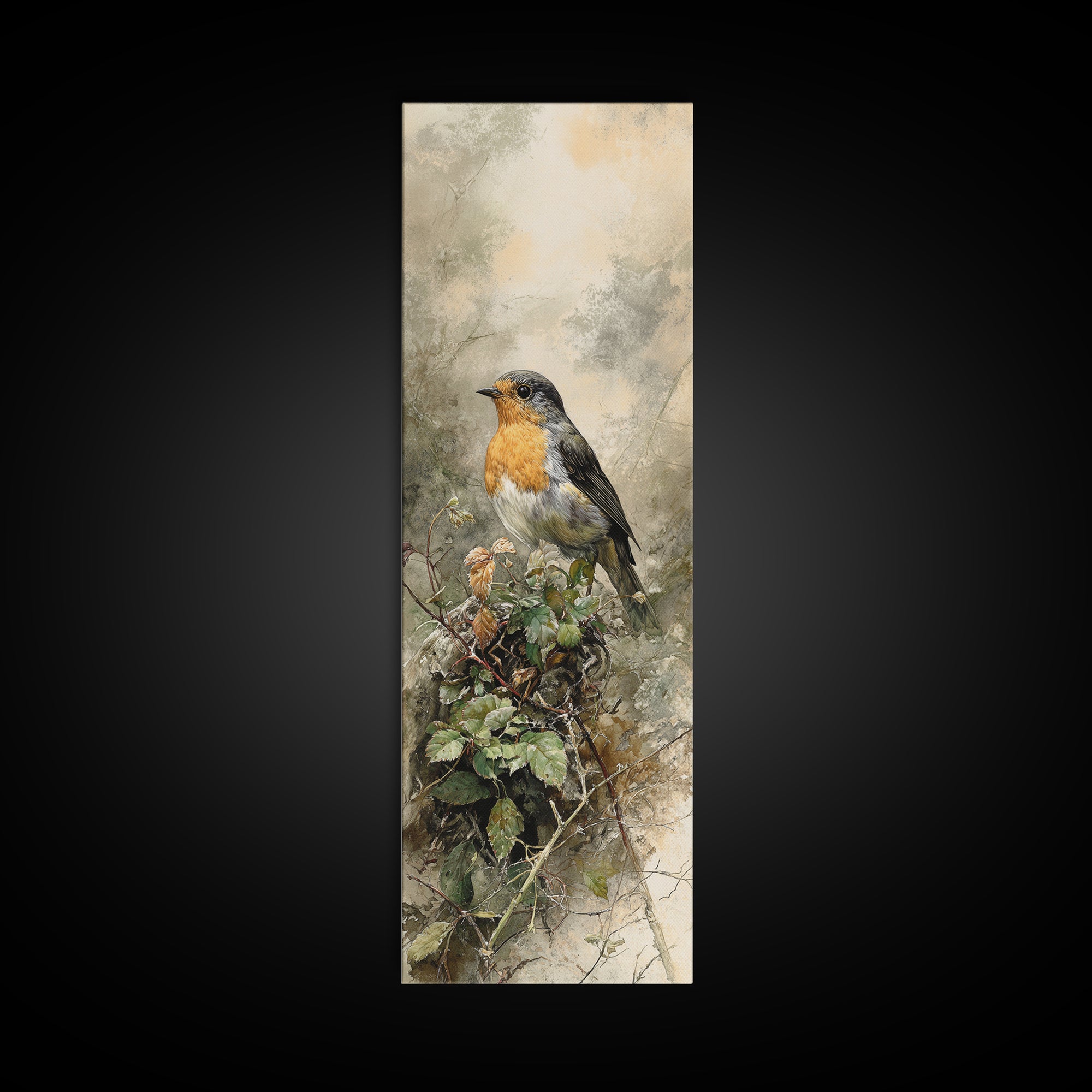 Robin in a Spring Garden with Soft Canvas Print, Bird Art, Living Room Decor, Fine Art, Flight, Rustic Home Decor, Floral Art, BIR-1x3-51