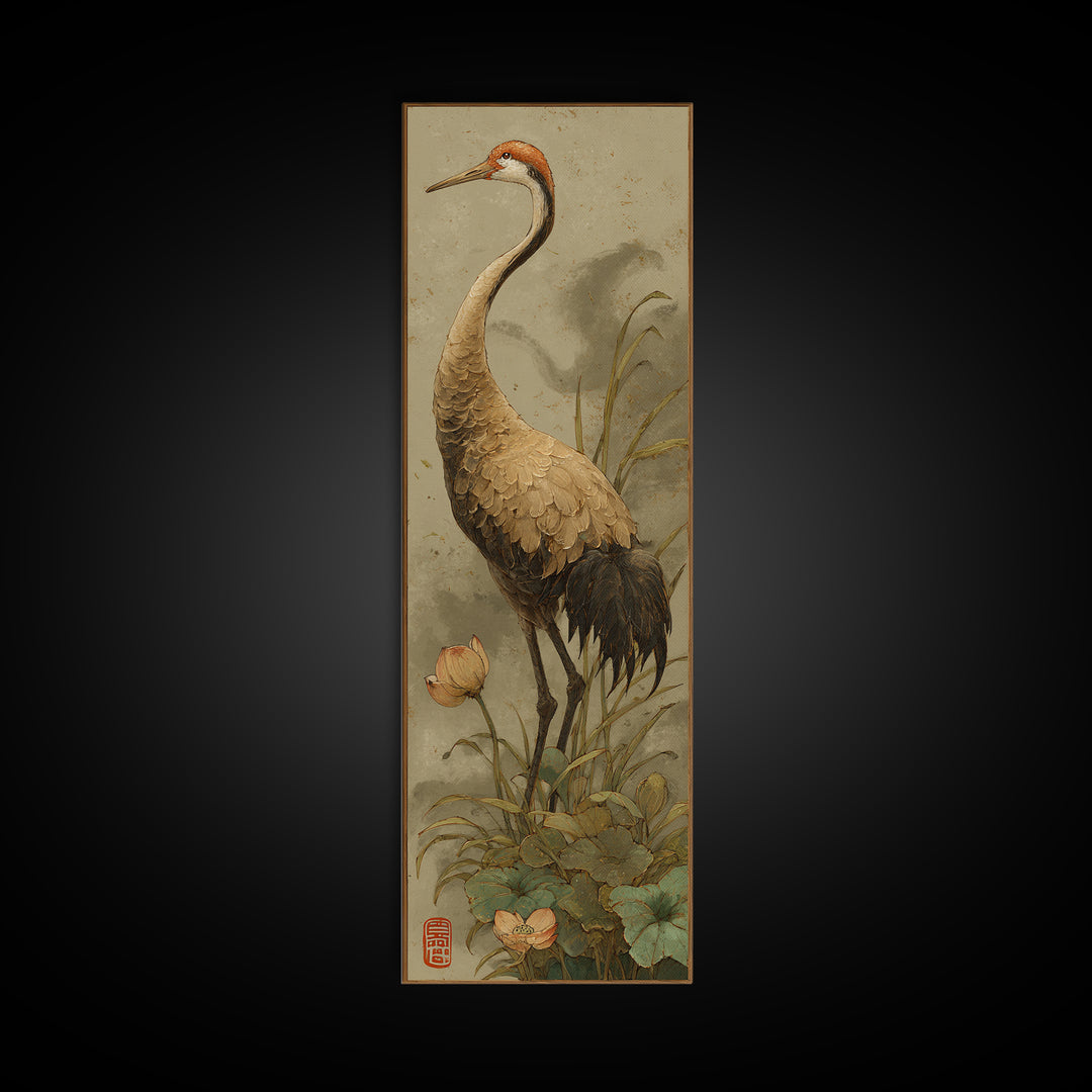 Crane and Lotus Composition Framed Canvas Print, Bird Art, Modern Decor, Living Room Decor, Fine Art, Flight, Home Decor, BIR-1x3-53
