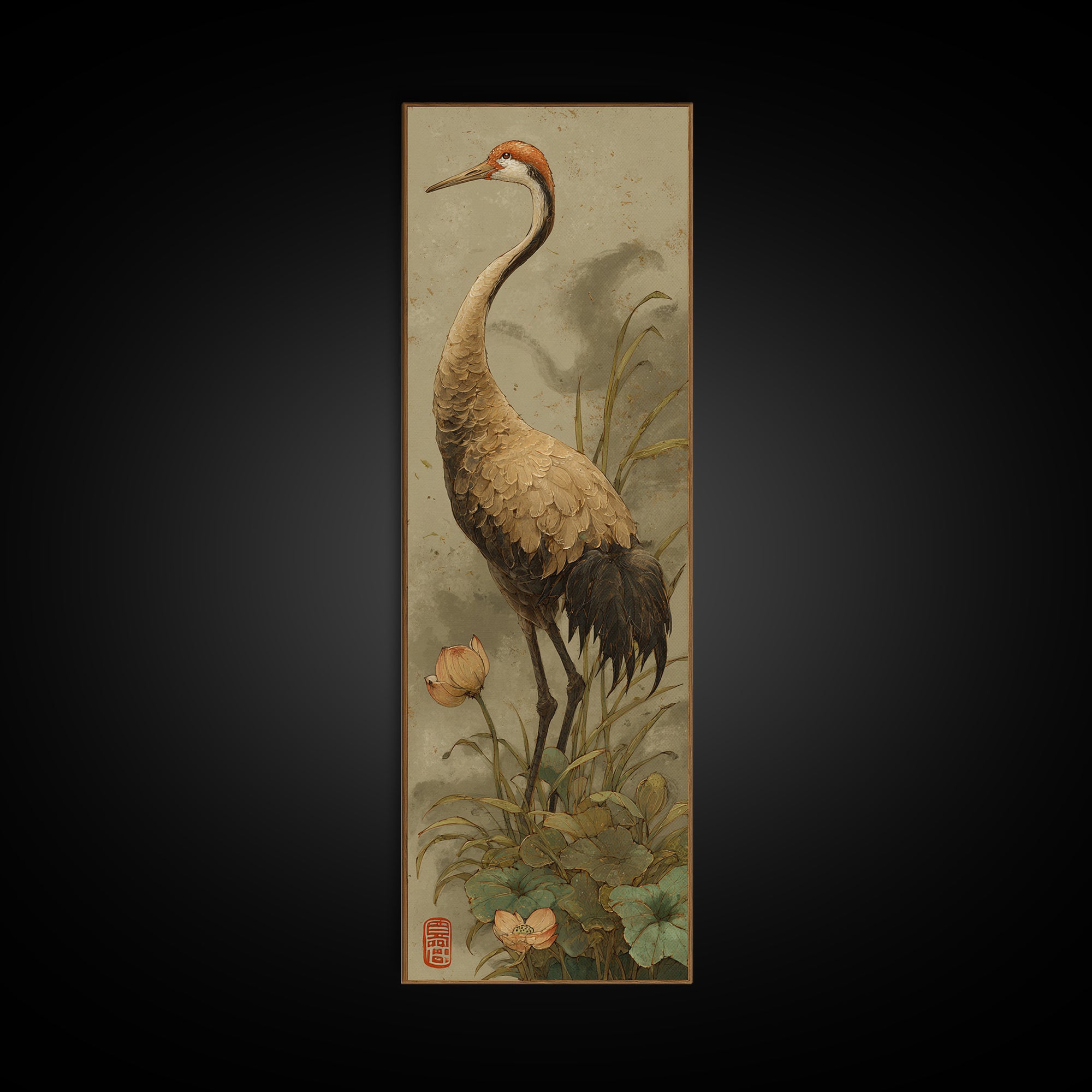 Crane and Lotus Composition Framed Canvas Print, Bird Art, Modern Decor, Living Room Decor, Fine Art, Flight, Home Decor, BIR-1x3-53