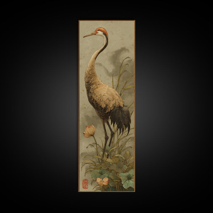 Crane and Lotus Composition Framed Canvas Print, Bird Art, Modern Decor, Living Room Decor, Fine Art, Flight, Home Decor, BIR-1x3-53