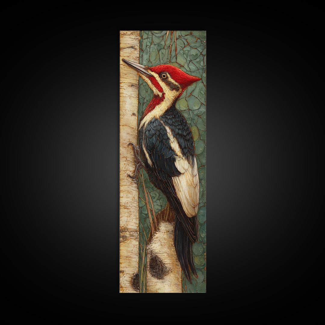 Woodpecker on Birch Bark Texture Canvas Print, Bird Art, Fine Art Print, Living Room Decor, Abstract Art, Flight, Wall Decor, BIR-1x3-57