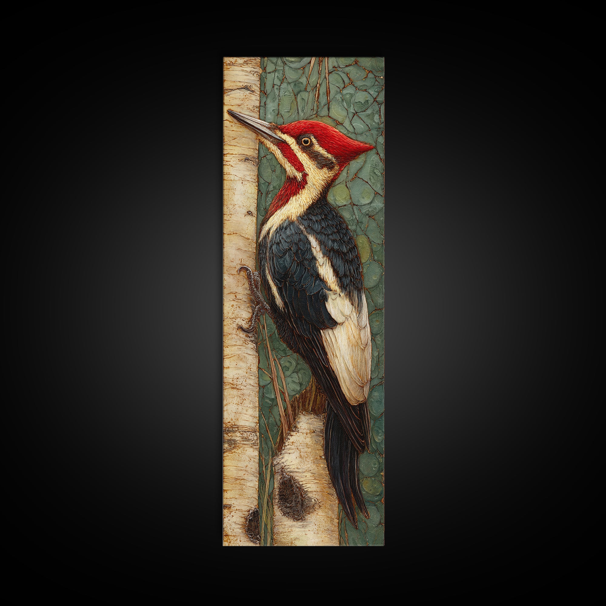 Woodpecker on Birch Bark Texture Canvas Print, Bird Art, Fine Art Print, Living Room Decor, Abstract Art, Flight, Wall Decor, BIR-1x3-57