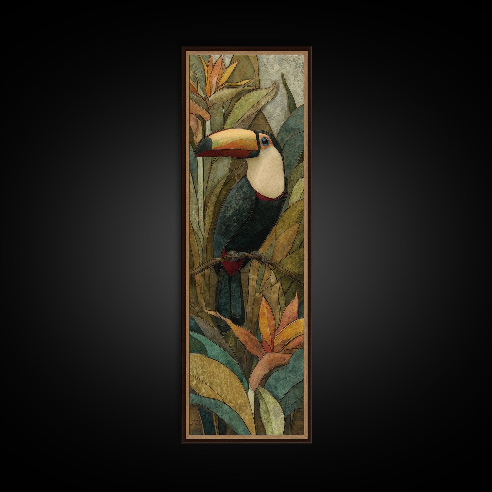 Toucan Framed by Bold Jungle Foliage Canvas Print, Bird Art, Watercolor Painting, Living Room Decor, Fine Art, Flight, BIR-1x3-59