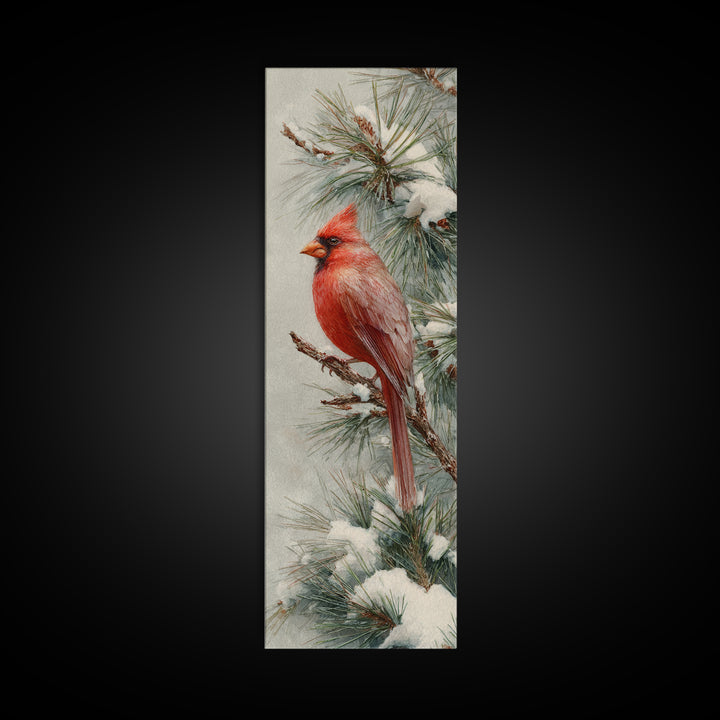 Red Cardinal on Snowy Pine Branch Framed Canvas Print, Bird Art, Textured Painting, Living Room Decor, Watercolor Art, Flight, BIR-1x3-61