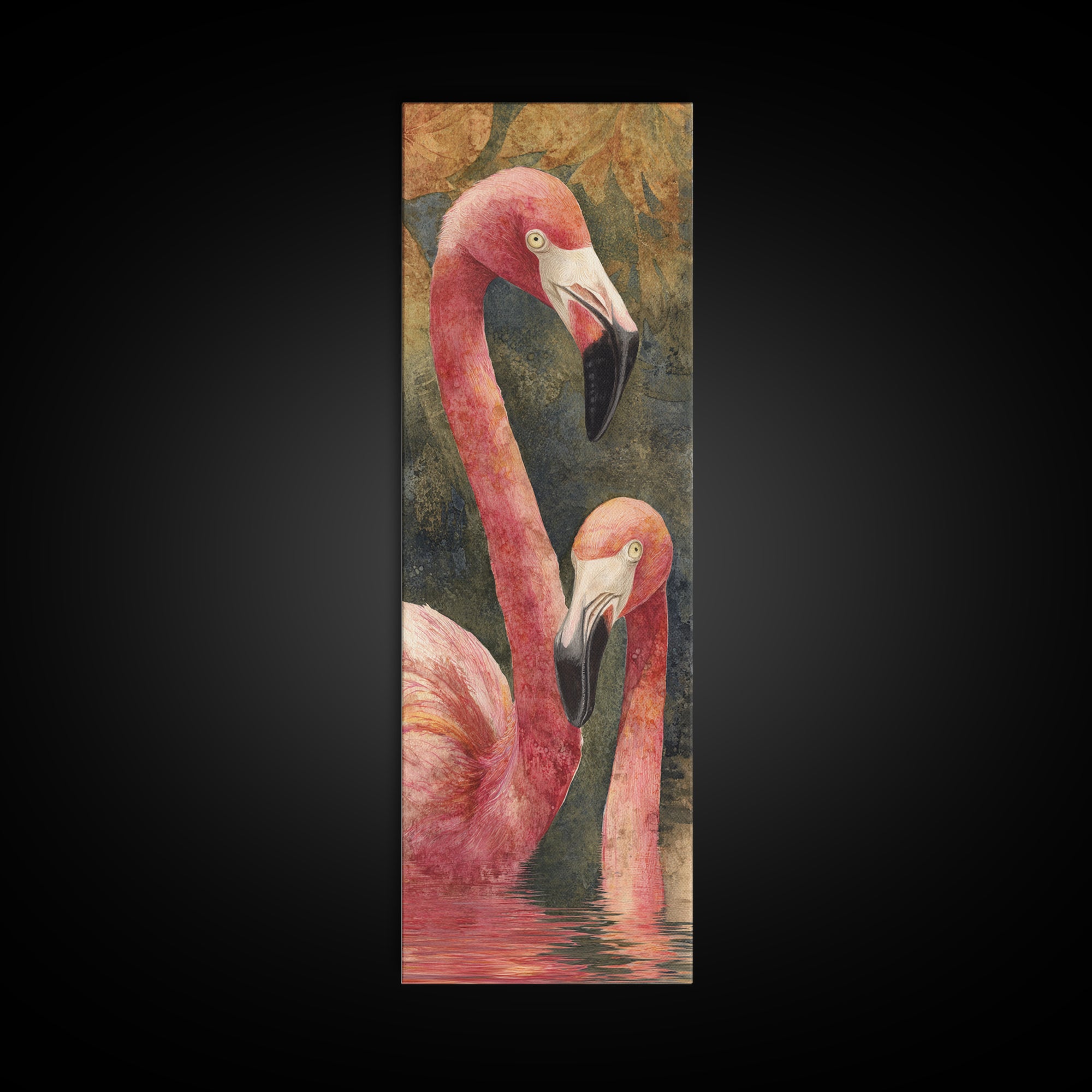 Flamingo Pair in Coral Water Reflections Framed Canvas Print, Bird Art, Rustic Home Decor, Living Room Decor, Fine Art, Flight, BIR-1x3-70