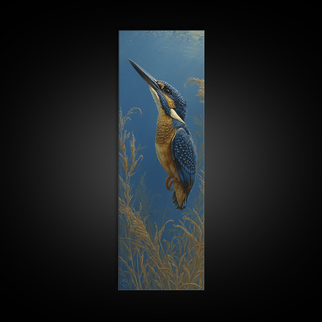 Kingfisher Diving Toward Blue Water Framed Canvas Print, Bird Art, Bird Prints, Living Room Decor, Flight, Modern Decor, BIR-1x3-71