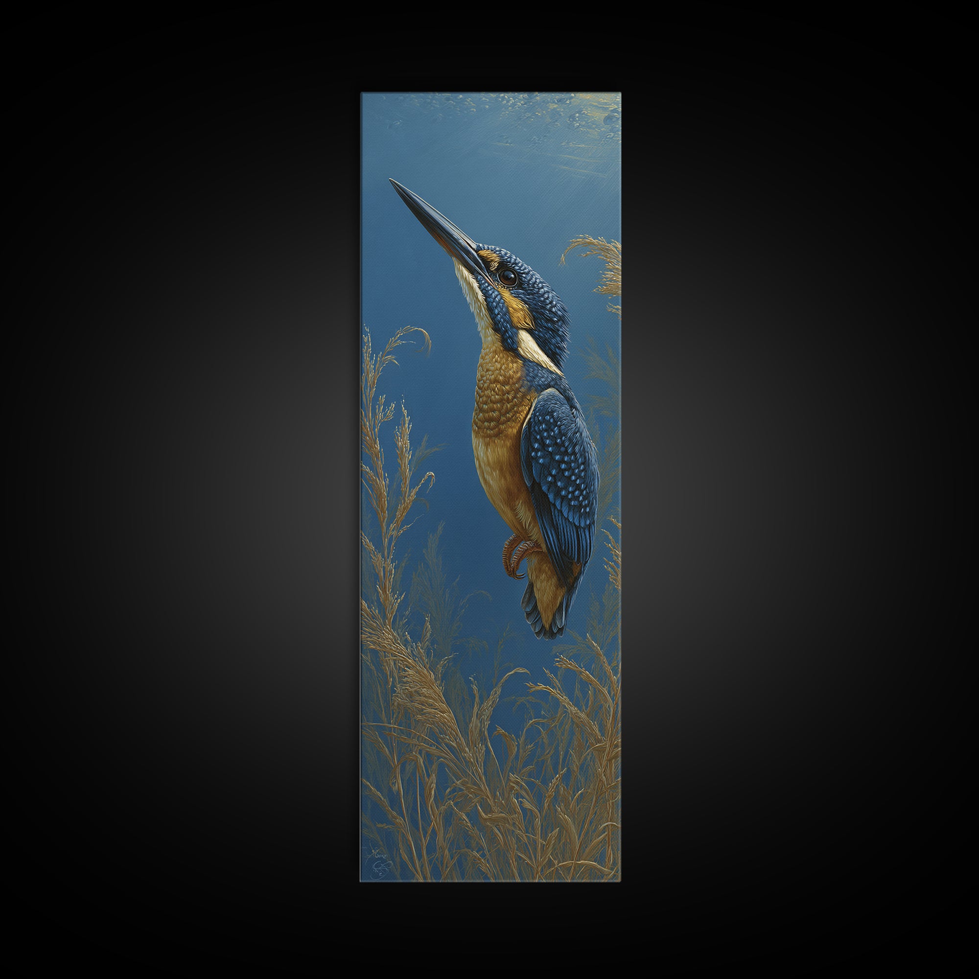 Kingfisher Diving Toward Blue Water Framed Canvas Print, Bird Art, Bird Prints, Living Room Decor, Flight, Modern Decor, BIR-1x3-71