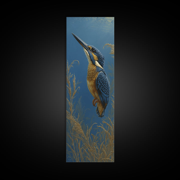 Kingfisher Diving Toward Blue Water Framed Canvas Print, Bird Art, Bird Prints, Living Room Decor, Flight, Modern Decor, BIR-1x3-71