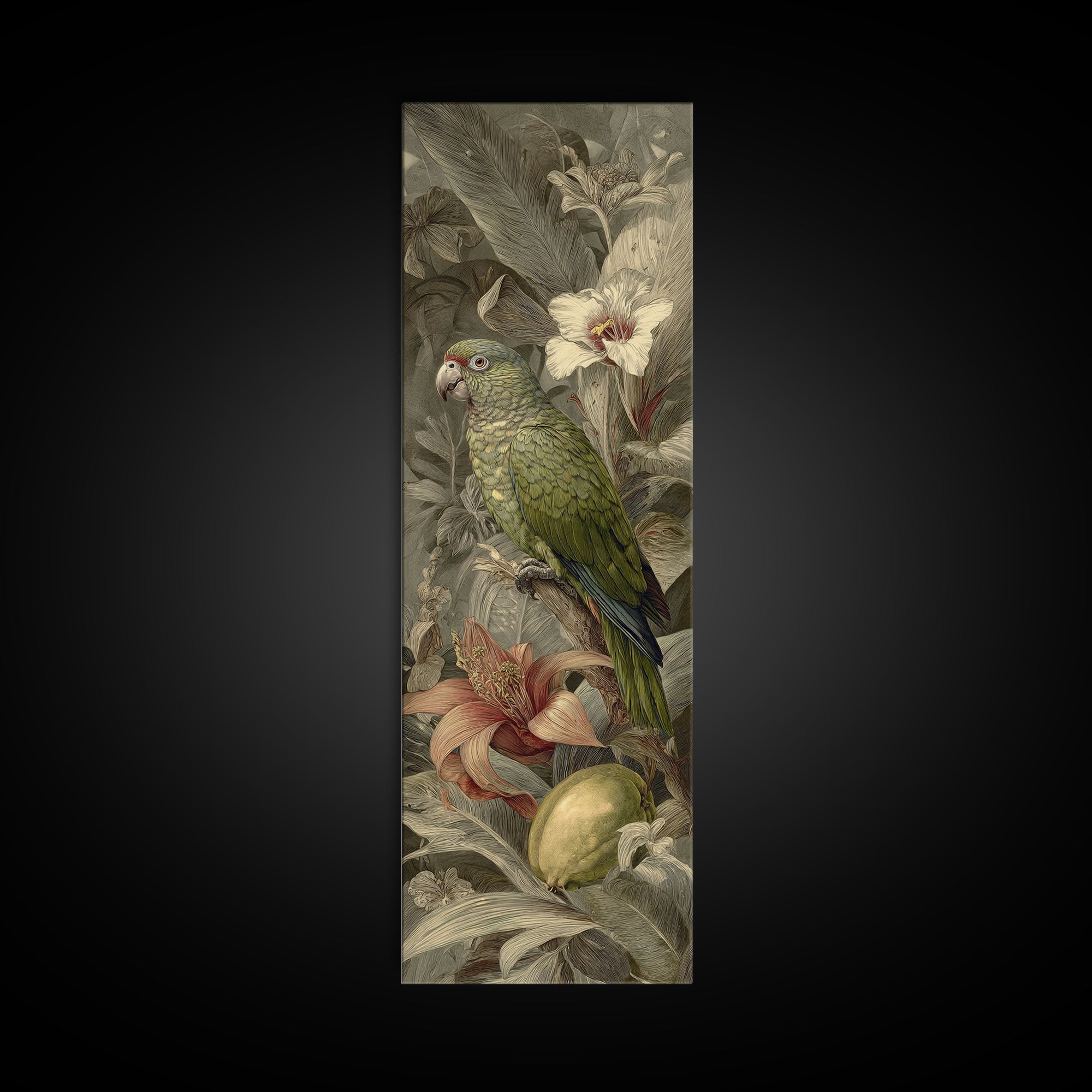 Parrot Among Tropical Leaves and Fruit Canvas Print, Bird Art, Mid Century Modern, Living Room Decor, Fine Art, Flight, BIR-1x3-73