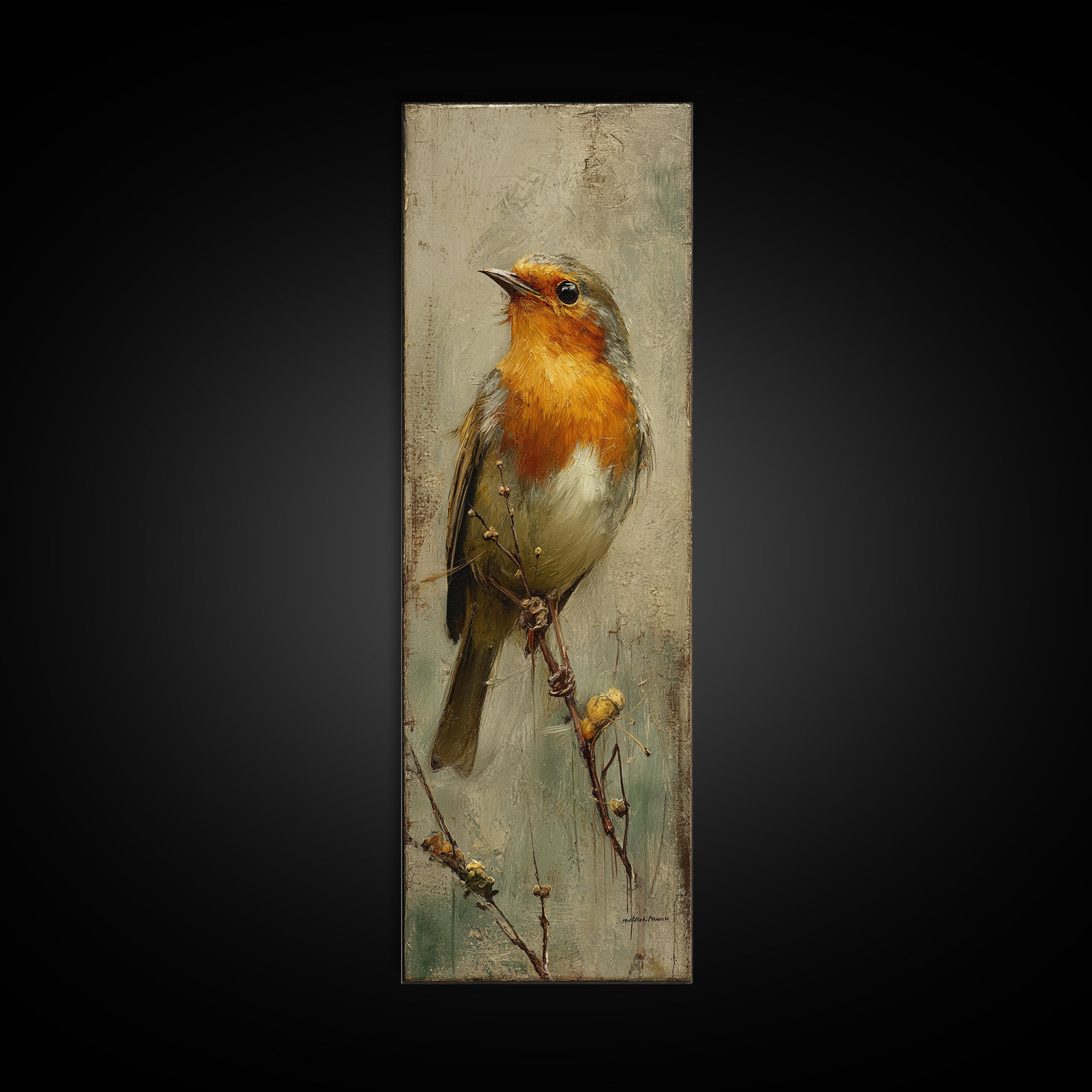 Robin in a Spring Garden with Soft Framed Canvas Print, Bird Art, Mid Century Wall Art, Living Room Decor, Oil Painting, Flight, BIR-1x3-75