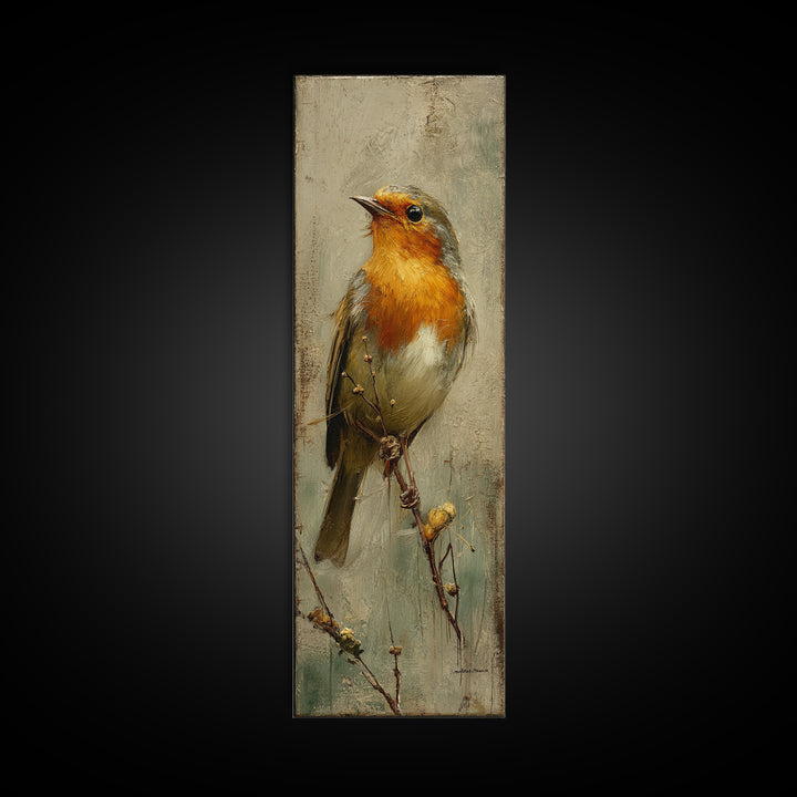 Robin in a Spring Garden with Soft Framed Canvas Print, Bird Art, Mid Century Wall Art, Living Room Decor, Oil Painting, Flight, BIR-1x3-75