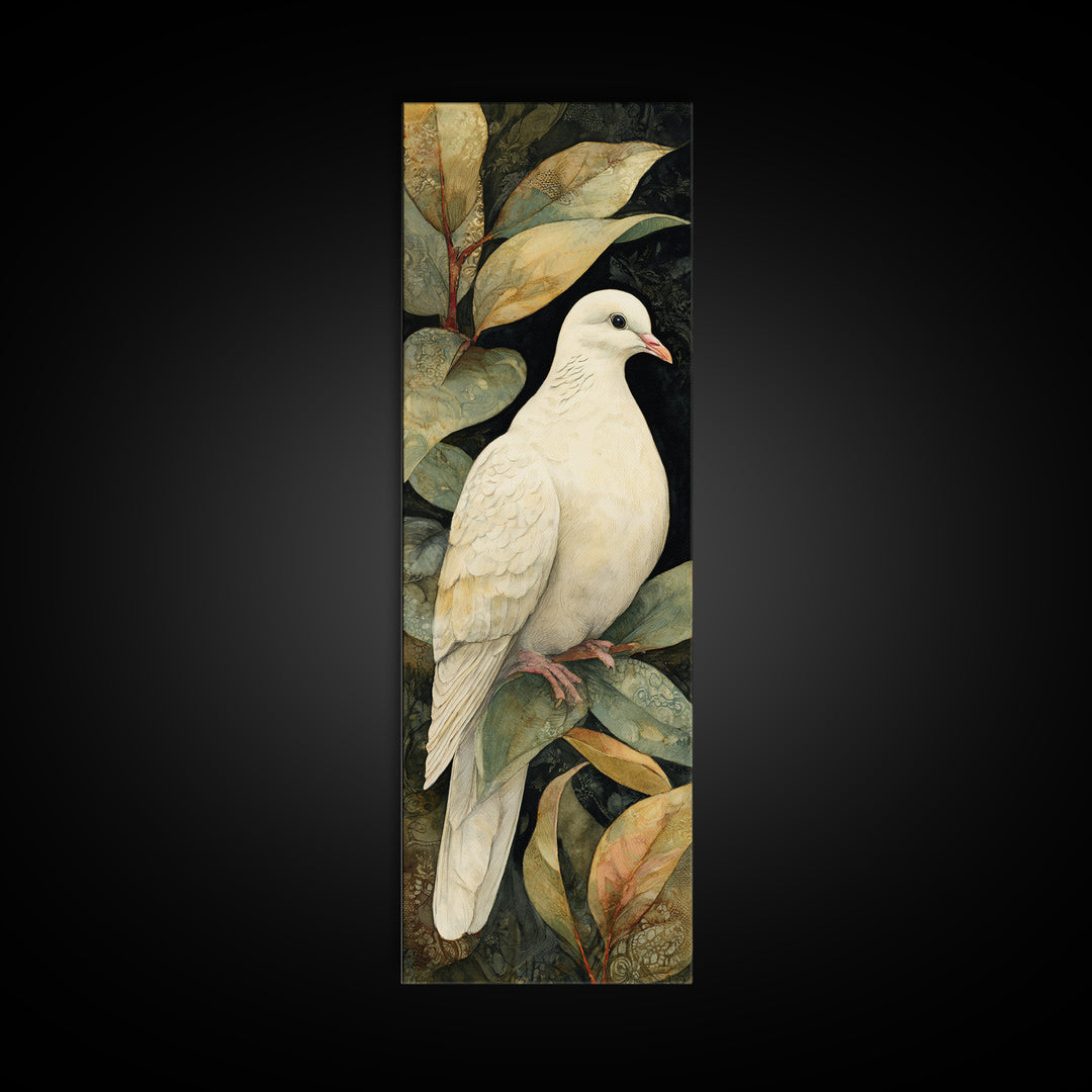 White Dove with Olive Branch and Calm Framed Canvas Print, Bird Art, Japanese Wall Art, Living Room Decor, Fine Art, Flight, BIR-1x3-76