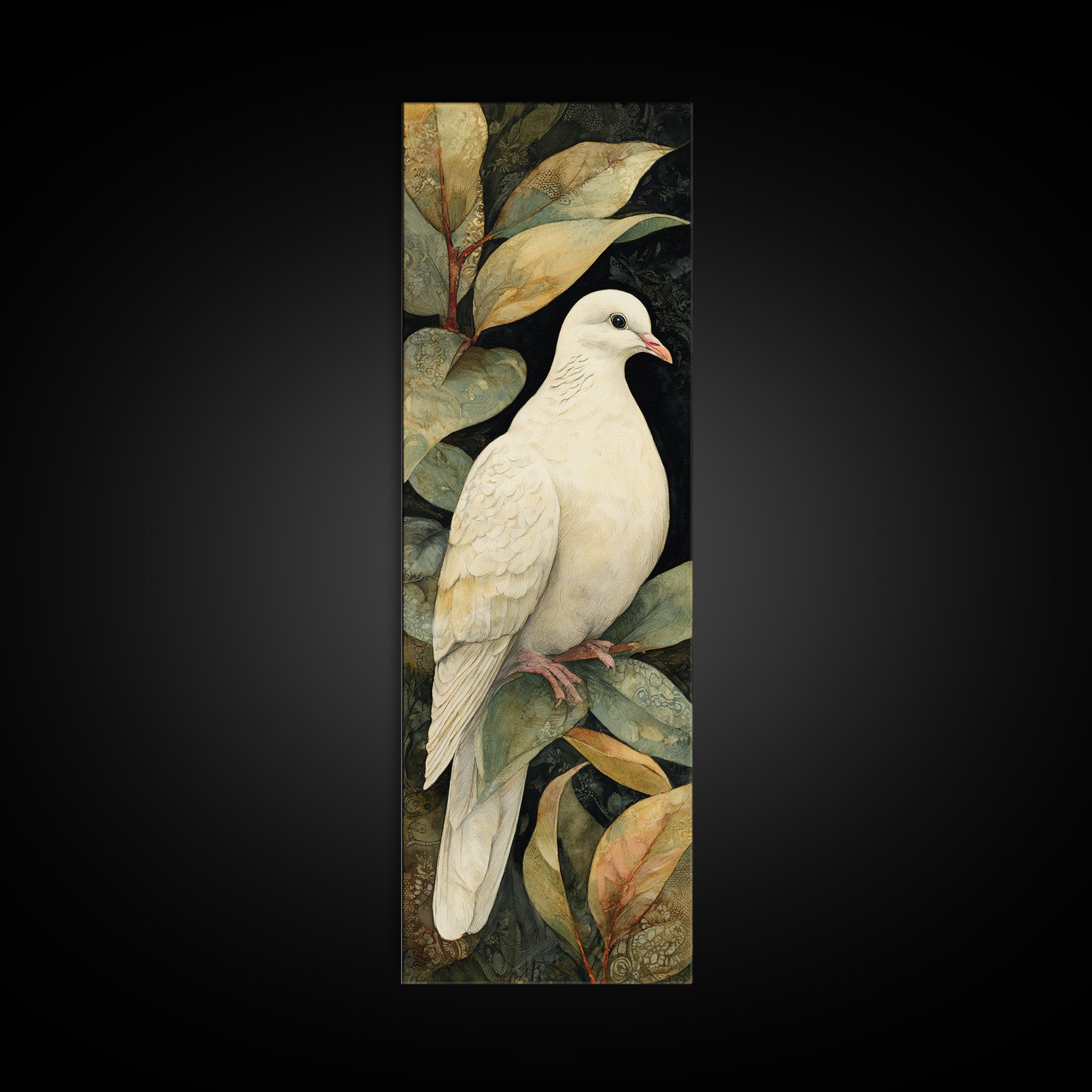 White Dove with Olive Branch and Calm Framed Canvas Print, Bird Art, Japanese Wall Art, Living Room Decor, Fine Art, Flight, BIR-1x3-76