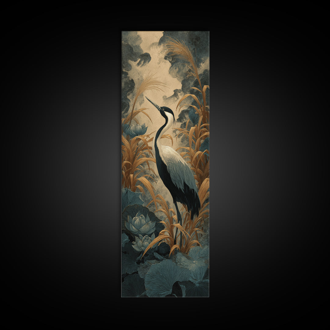 Crane and Lotus Composition Canvas Print, Bird Art, Art Print, Living Room Decor, Fine Art, Flight, Original Art, Digital Print, BIR-1x3-77