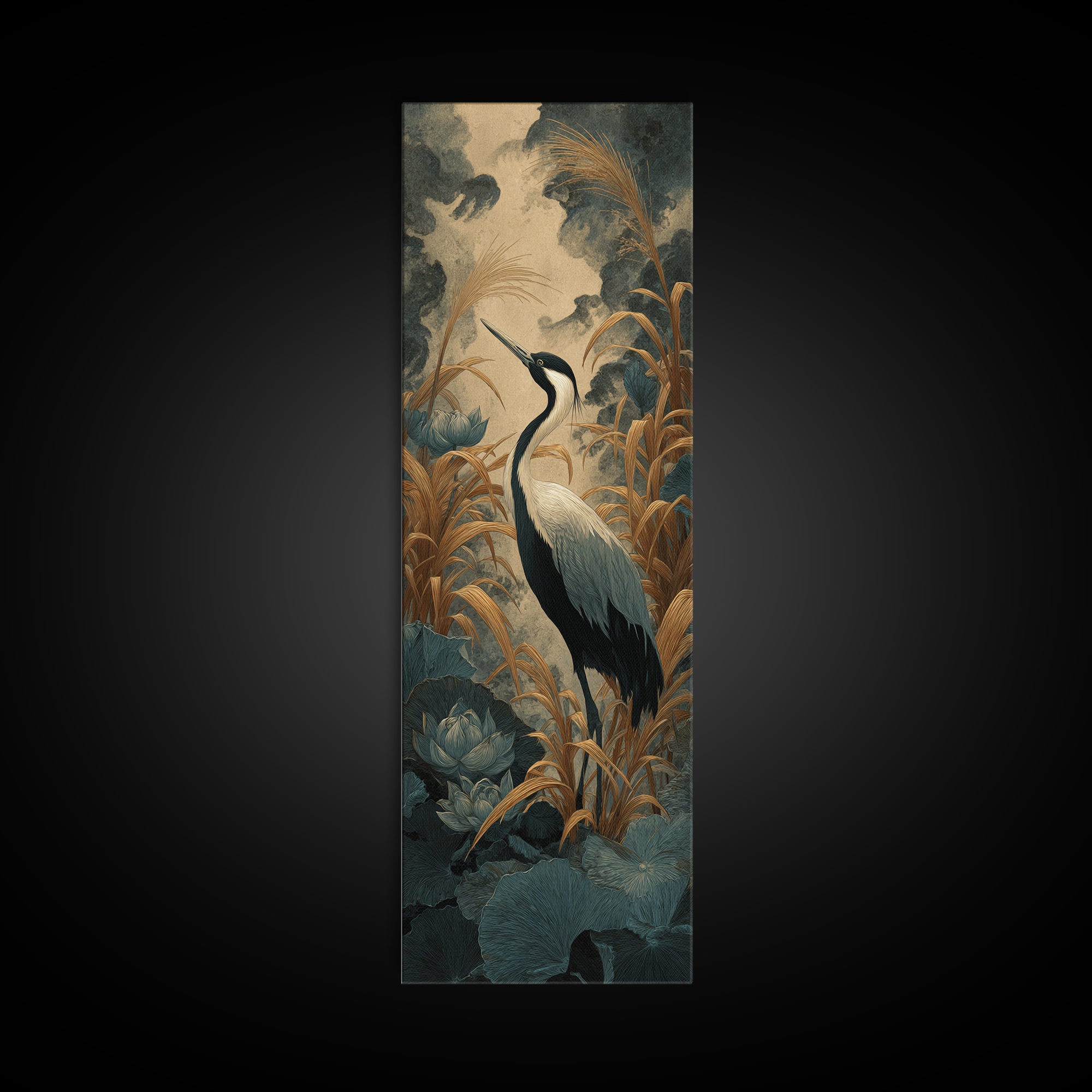 Crane and Lotus Composition Canvas Print, Bird Art, Art Print, Living Room Decor, Fine Art, Flight, Original Art, Digital Print, BIR-1x3-77