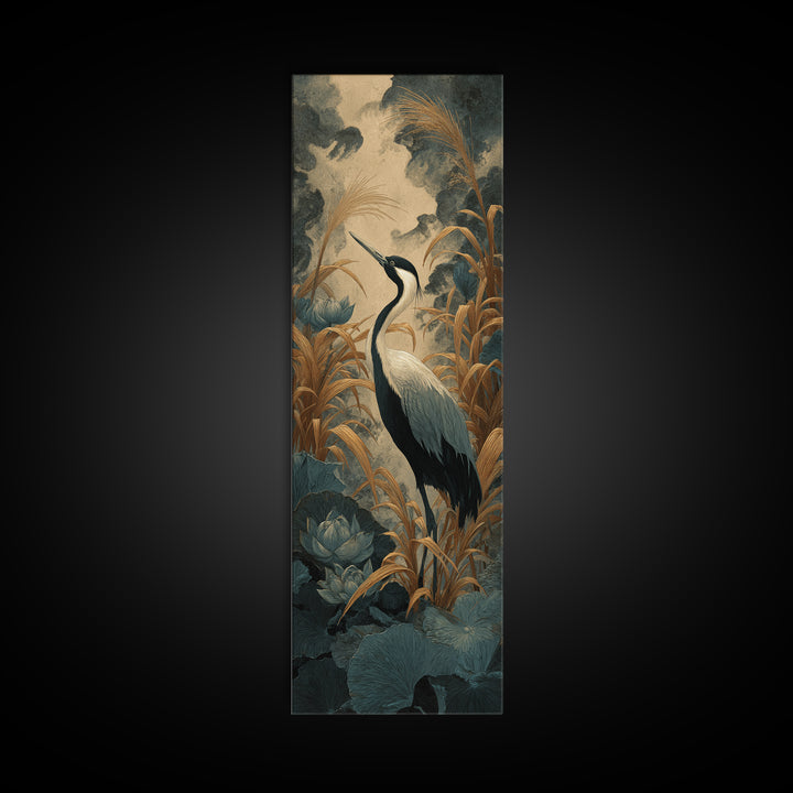 Crane and Lotus Composition Canvas Print, Bird Art, Art Print, Living Room Decor, Fine Art, Flight, Original Art, Digital Print, BIR-1x3-77