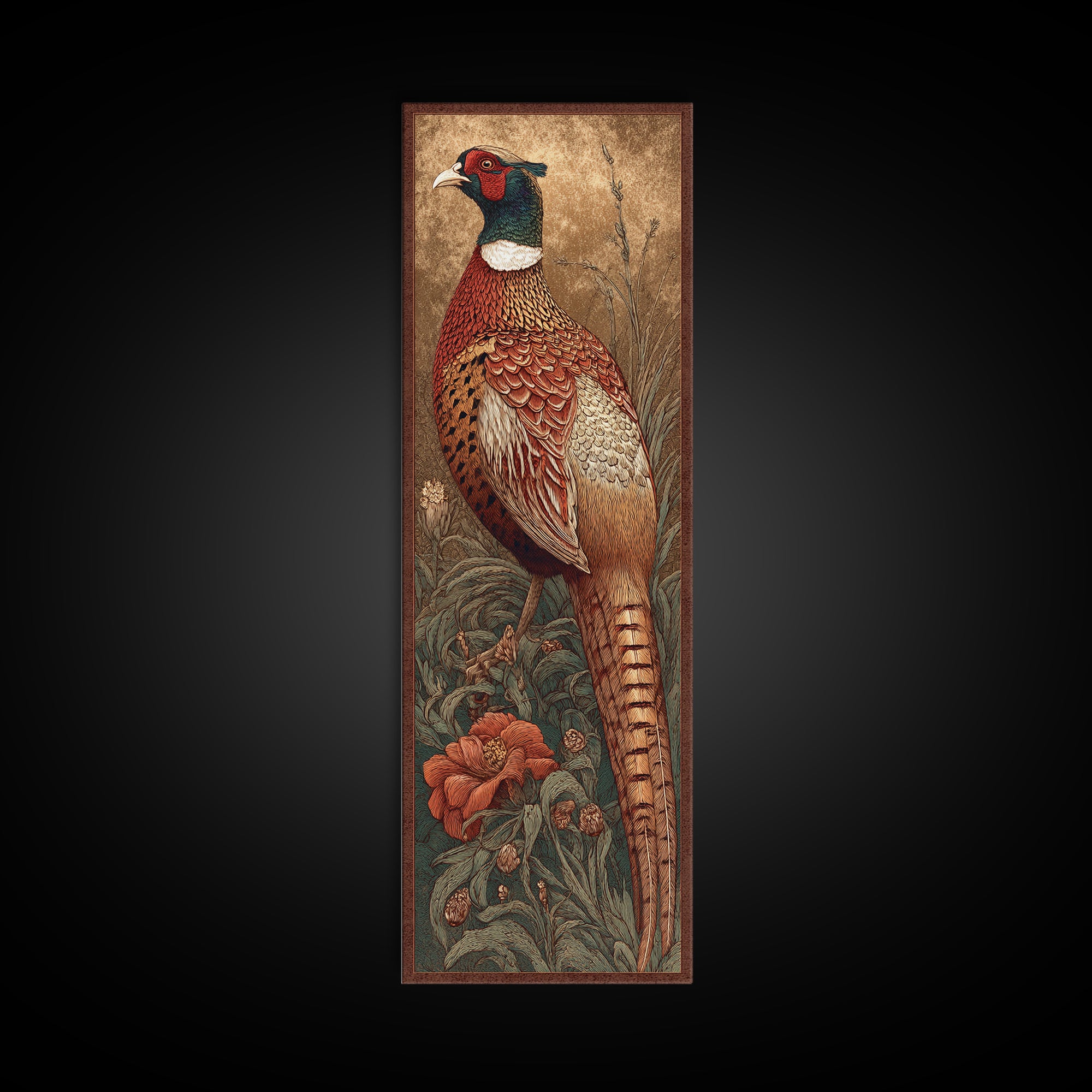 Pheasant with Ornate Feather Details Framed Canvas Print, Bird Art, Modern Art, Living Room Decor, Fine Art, Flight, Floral Art, BIR-1x3-79