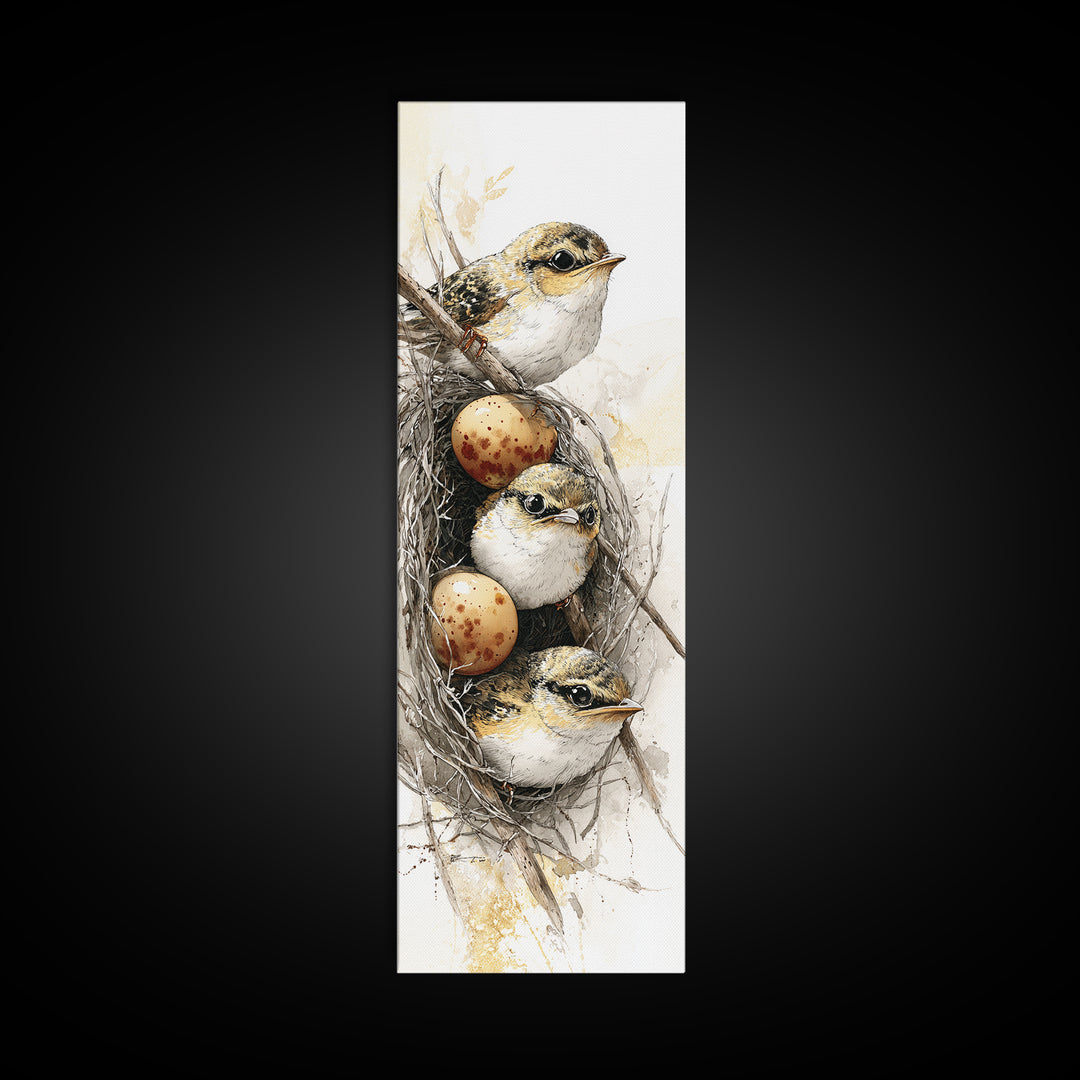 Bird Nest with Eggs and Delicate Twigs Canvas Print, Bird Art, Gallery Decor, Living Room Decor, Oil Painting, Flight, BIR-1x3-82
