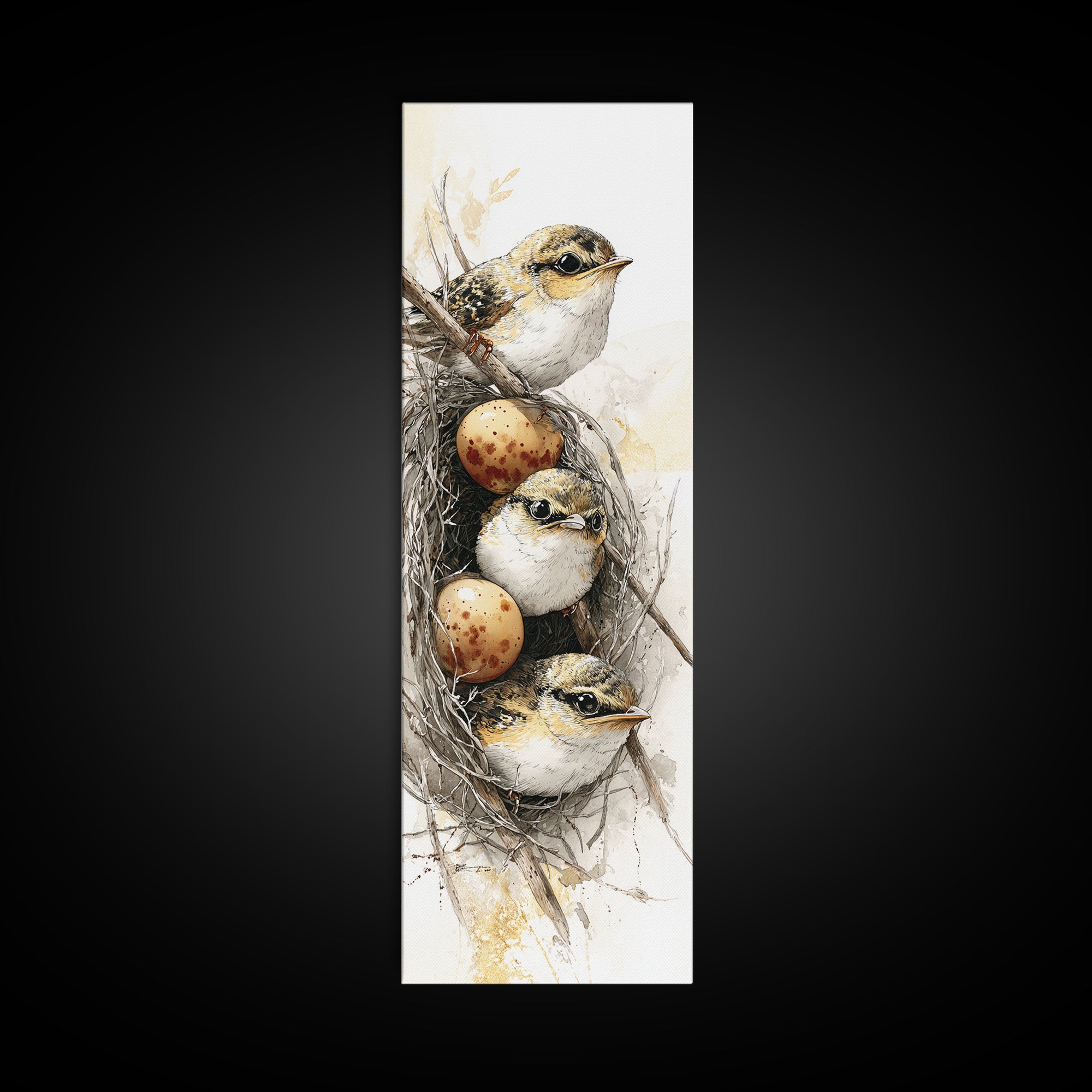 Bird Nest with Eggs and Delicate Twigs Canvas Print, Bird Art, Gallery Decor, Living Room Decor, Oil Painting, Flight, BIR-1x3-82