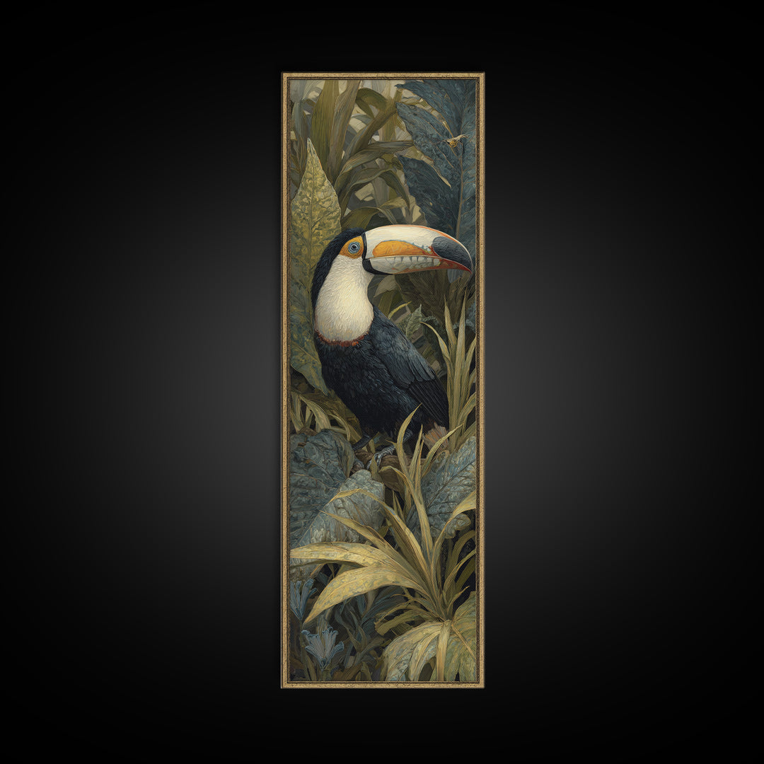 Toucan Framed by Bold Jungle Foliage Framed Canvas Print, Bird Art, Botanical Wall Art, Living Room Decor, Fine Art, Flight, BIR-1x3-83