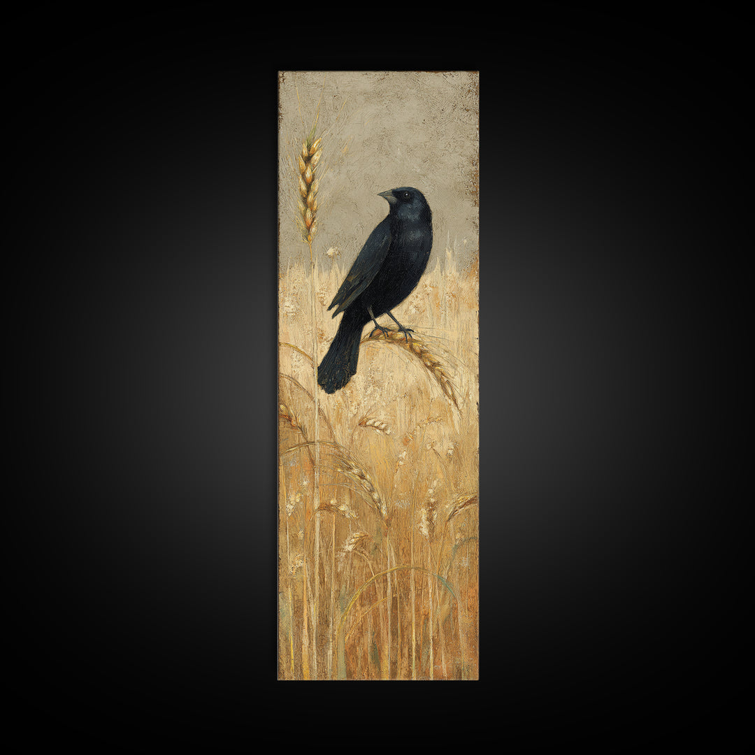 Blackbird on Gold Wheat Field Framed Canvas Print, Bird Art, Printable Art, Living Room Decor, Flight, Mid Century Wall Art, BIR-1x3-84