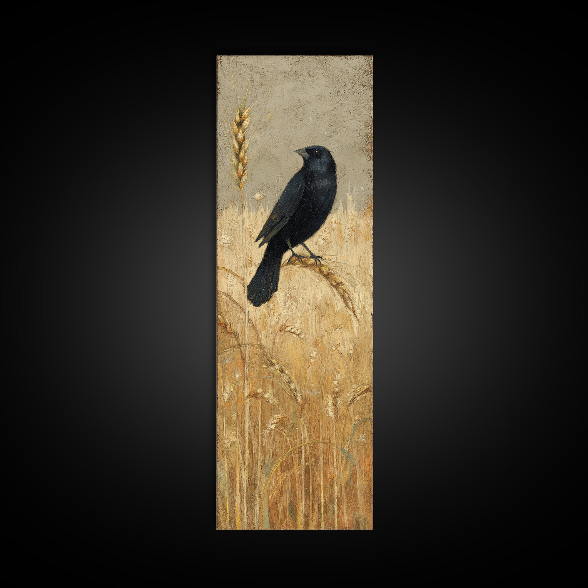 Blackbird on Gold Wheat Field Framed Canvas Print, Bird Art, Printable Art, Living Room Decor, Flight, Mid Century Wall Art, BIR-1x3-84