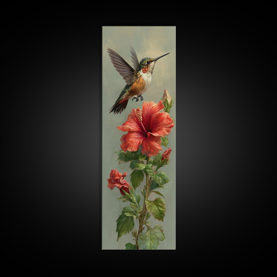 Hummingbird Hovering Beside Bright Hibiscus Canvas Print, Bird Art, Living Room Decor, Fine Art, Flight, Rustic Home Decor, BIR-1x3-88