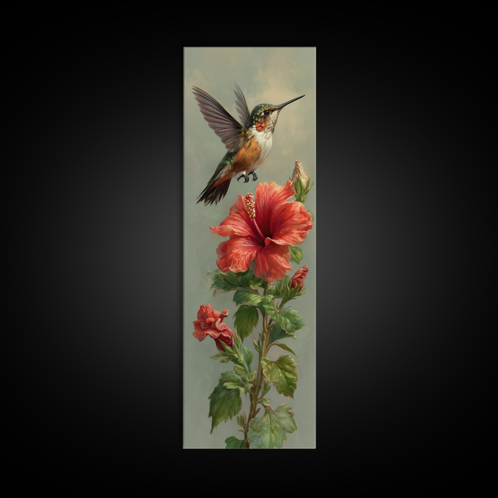 Hummingbird Hovering Beside Bright Hibiscus Canvas Print, Bird Art, Living Room Decor, Fine Art, Flight, Rustic Home Decor, BIR-1x3-88