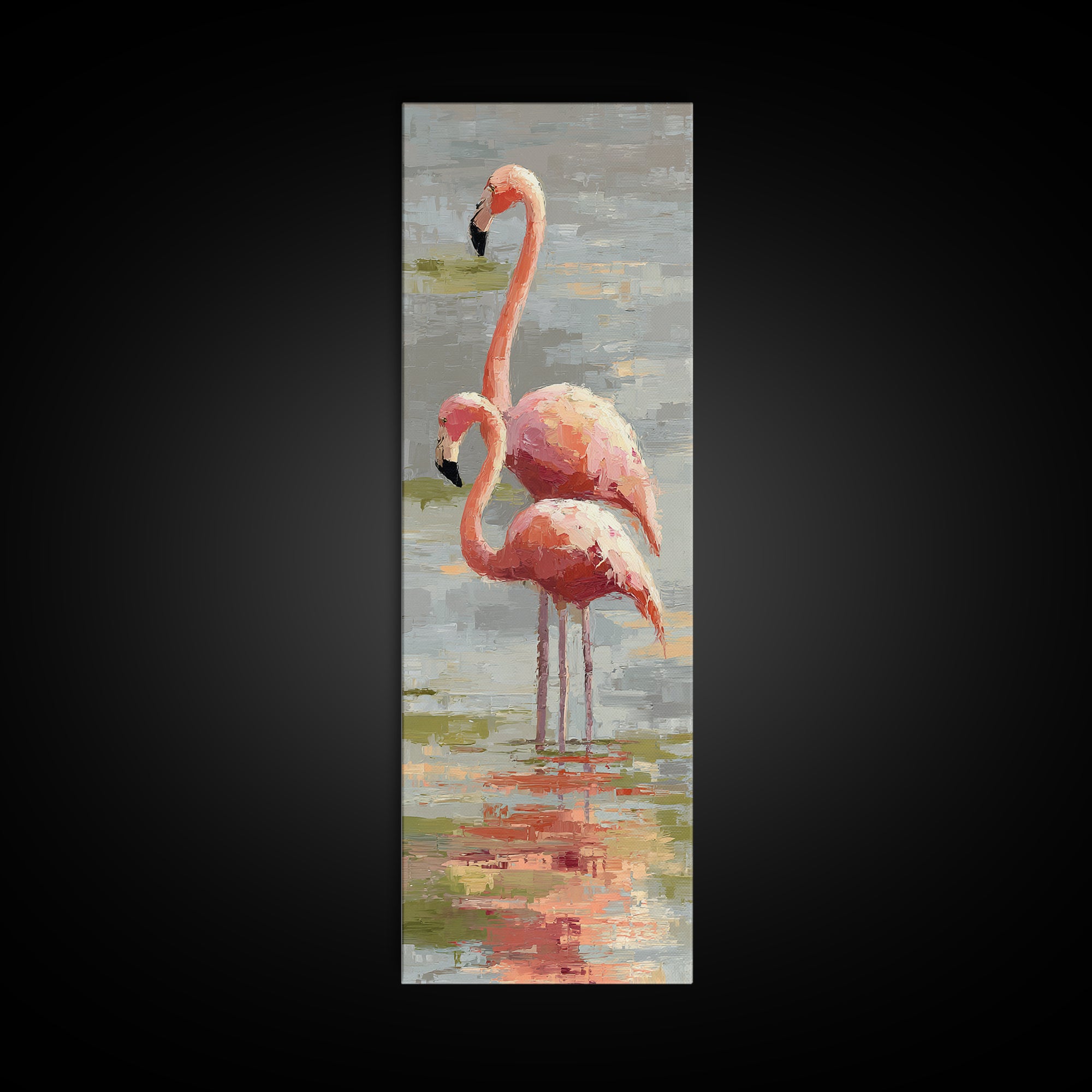 Flamingo Pair in Coral Water Reflections Canvas Print, Bird Art, Fine Art Print, Living Room Decor, Fine Art, Flight, BIR-1x3-94